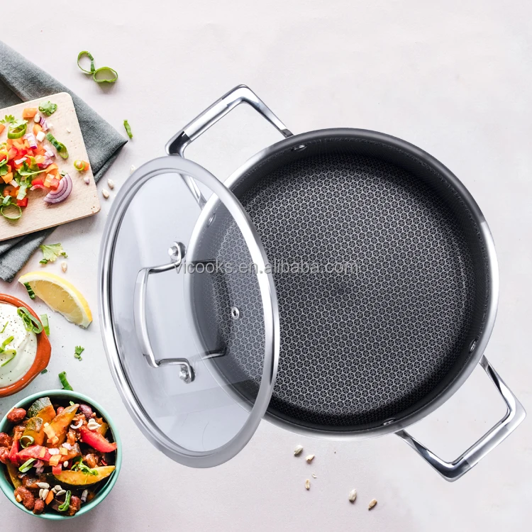 kitchen cooking en inox pots set honeycomb non-stick tri-ply stainless steel casseroles pot with glass lid induction bottom