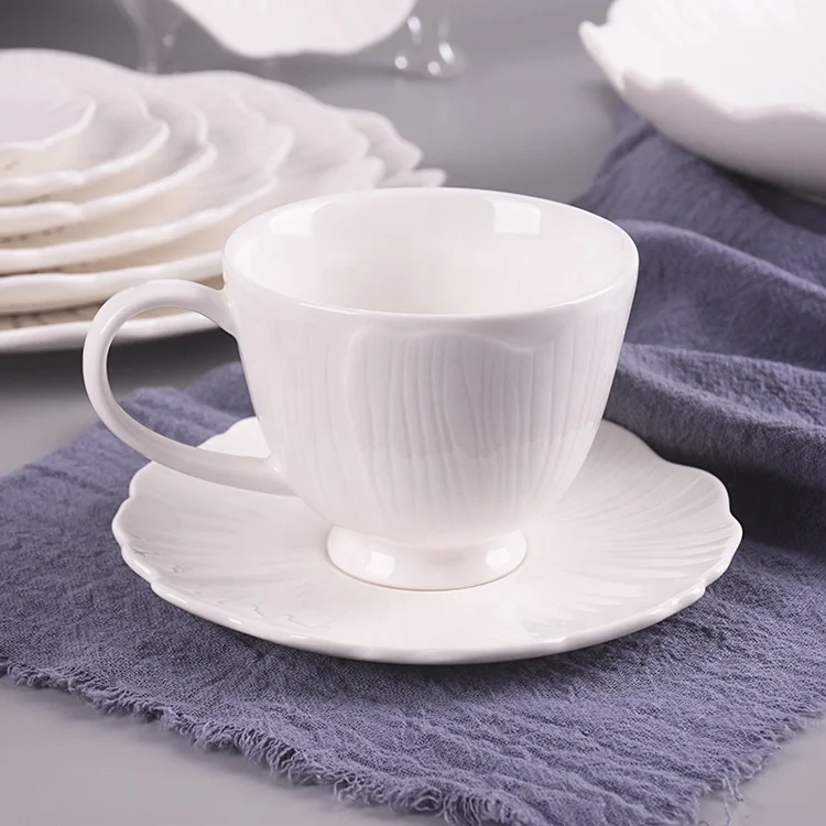 Minimalist Classic Vintage 100/200ML Ceramic Tea & Coffee Set Ginkgo Leaf Texture White Cup & Saucer 3.4/6.8 OZ