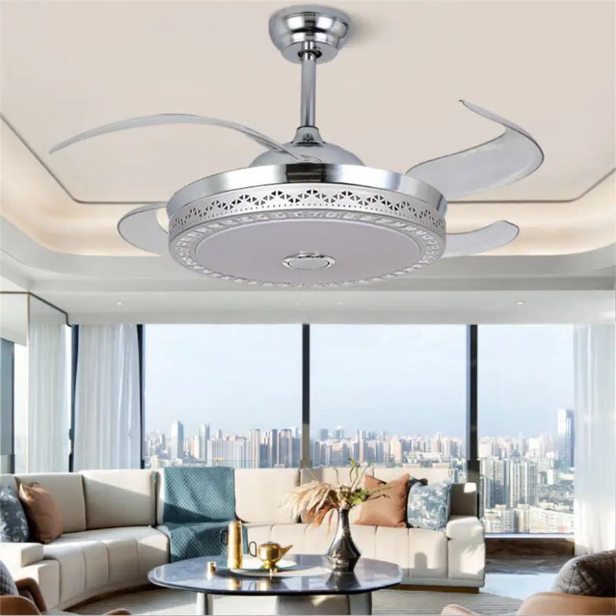 Invisible Ceiling Fan Light with Speaker 7 Colors LED Dining Room Ceiling Home Pendant Light with Remote Control 36W