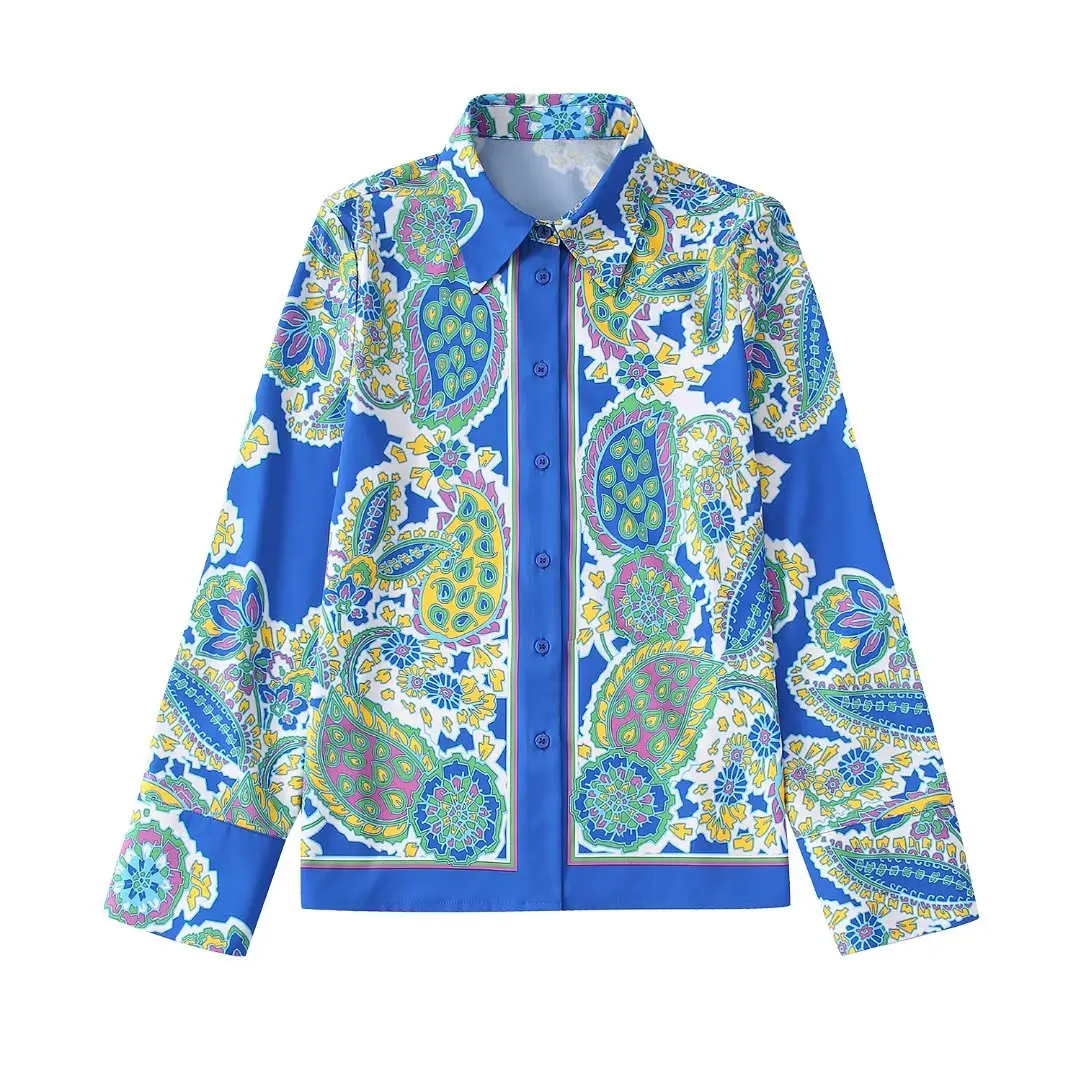 PB&ZA2022 summer new fashion Korean version of the French sweet print drapey design shirt female 7920048