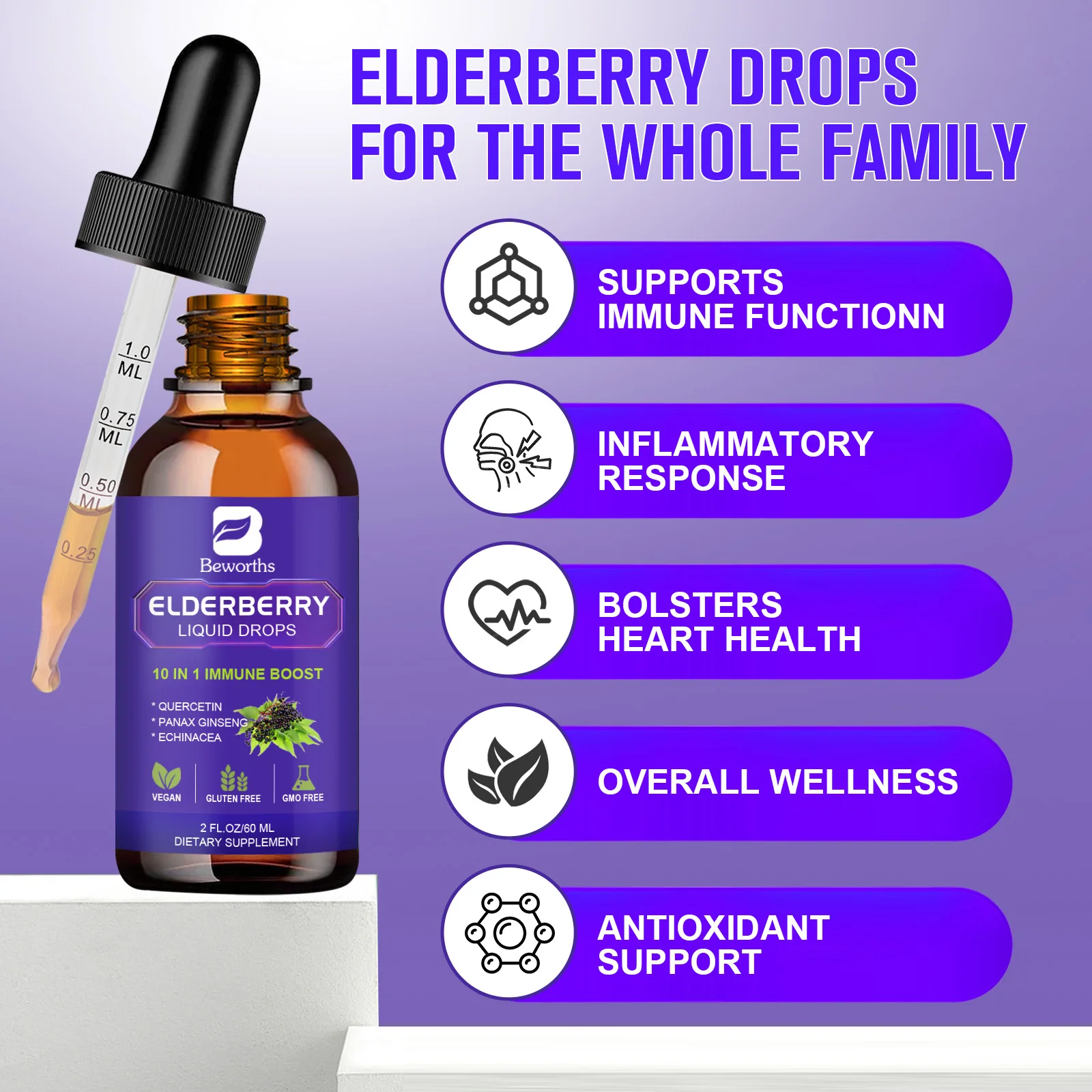 Beworths Organic Quercetin Panax Ginseng Root Black Elderberry Extract Elderberry Complex Oral Liquid Drops Supplement 60ml