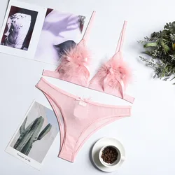 Summer Triangle No Steel Ring Comfortable Mesh Feather Bow Bunny Girl Sexy Underwear Two-Piece Set
