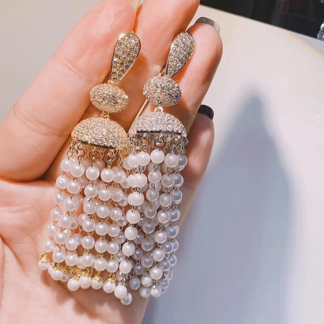 S925 Sterling Silver Needle Indiana Jhumka Gypsy Crystal Bell Drop Earrings Long Pearl Tassel Lantern Drop Chandelier Earrings