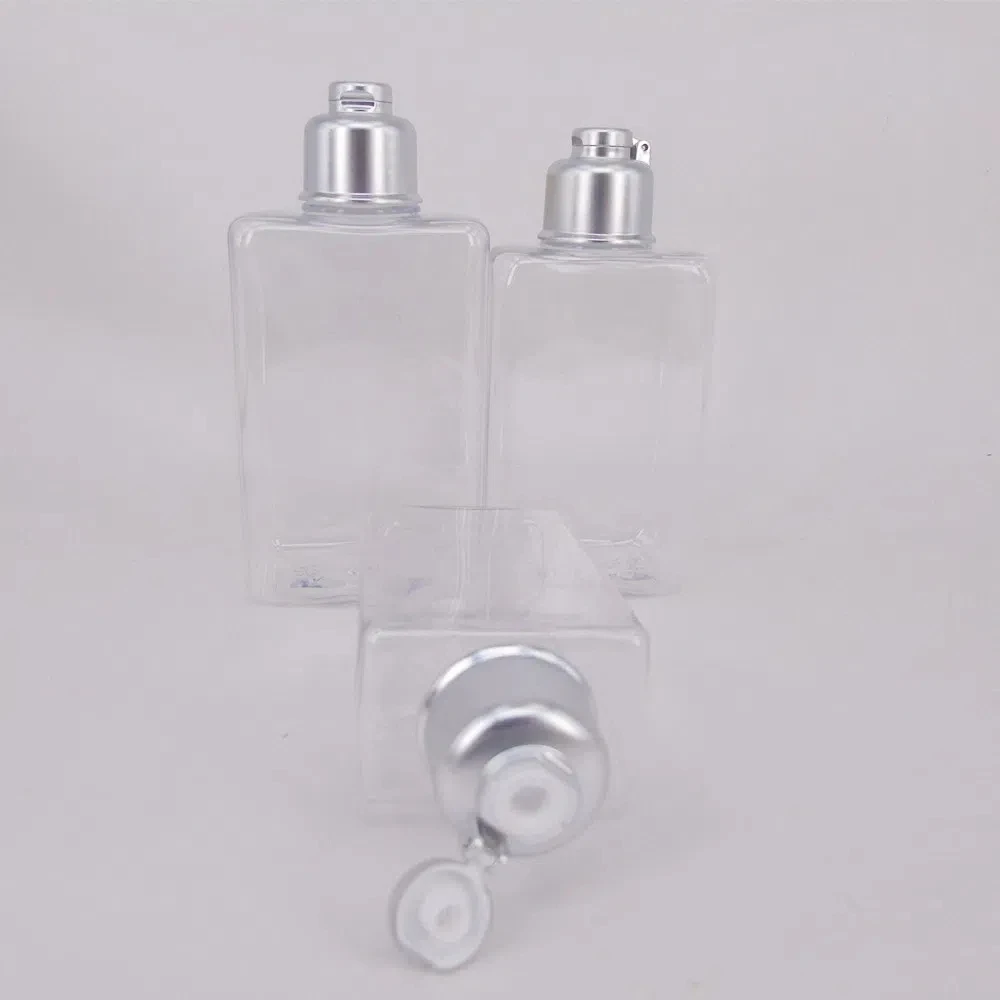 Silver Flip Cap Top 100ml 150ml 200ml Square Shape Transparent Plastic Bottles With Rose Gold Pink Disc Cover Aluminum Cap