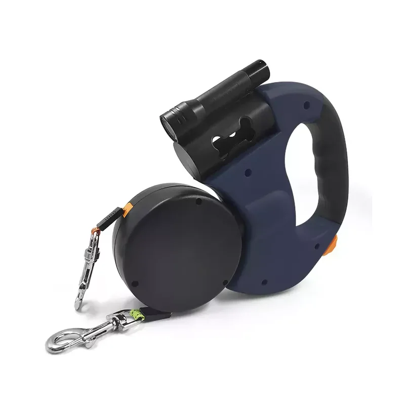 Outdoor Automatic Retractable Double Dog Leash Extendable Pet No Tangle Leash with Led Light and Poop Bag Dispenser