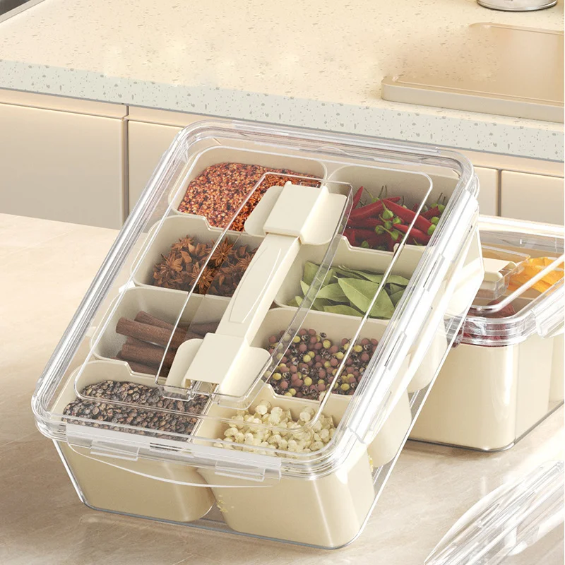 PP Plastic Dishwasher Safe 8 Dividers Serving Tray with Lid and Handle Portable Food Storage Organizer for Spices Fruit