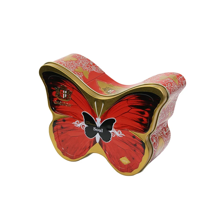 top quality butterfly shaped empty cookie tin can with lids