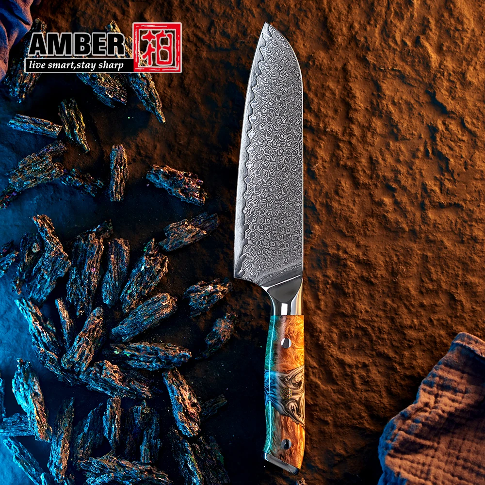 Professional wood handle 67 layers damascus steel knives Santoku Chef Knife with resin handle