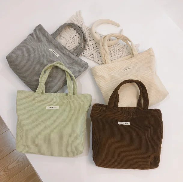 Custom Logo Corduroy Tote Bag With Canvas Liner Portable Corduroy Shopping Handbag for Women Girl