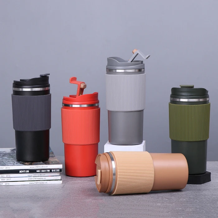 Hot Sale 16oz Stainless Steel Double Wall Car Thermos Cup Insulated Coffee Tumbler Thermal Travel Mug With Silicone Sleeve