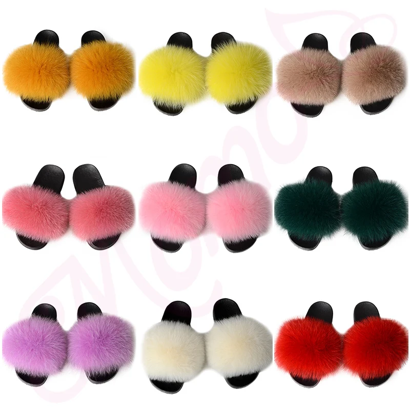 
Wholesale new style fluffy women real fox fur slides soft bedroom fur slippers 