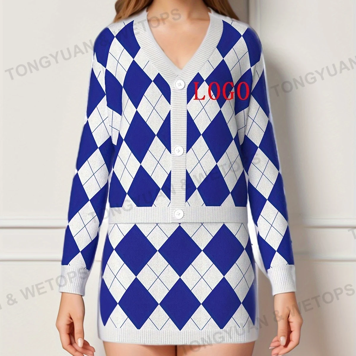 BSCI Factory Knit Sweater Custom Knit Suit Fashion V Neck Argyle Cardigan Women Long Pack Hip Two Piece Skirt Sweater Set