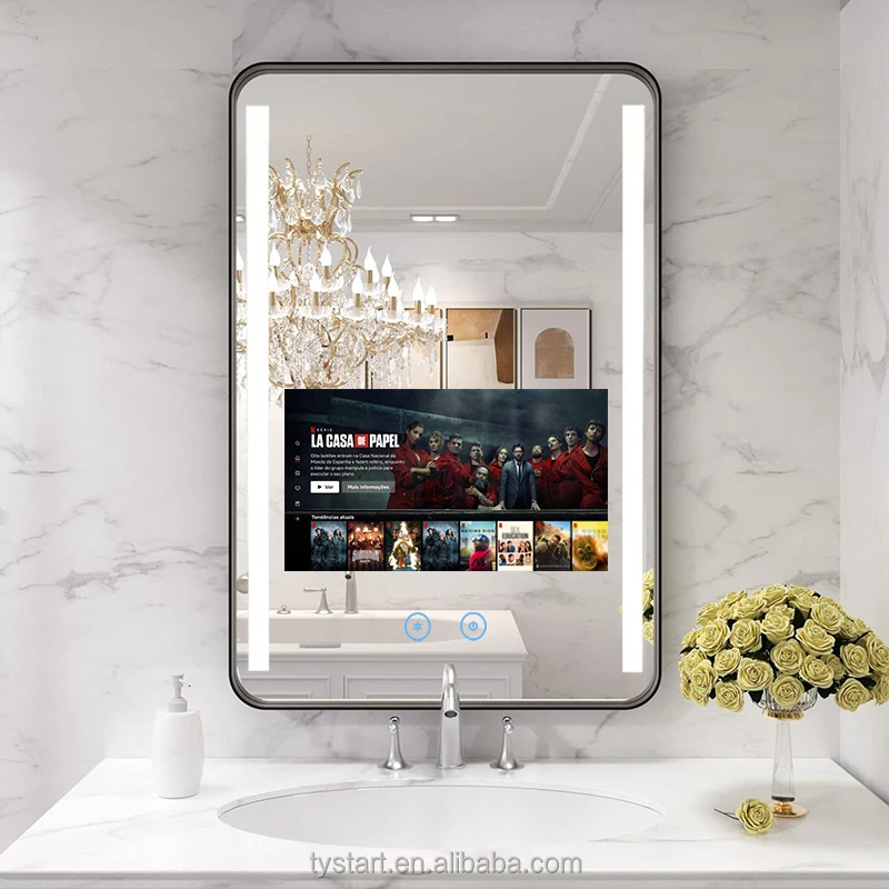 Custom Salon Vertical Wall Mounted Smart Android Mirror Bath WIFI Bluetooth Tri-color Led Light TV Mirror Retail For Home