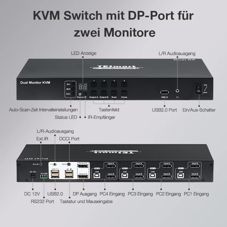 TESmart  Dual Monitor KVM Switch with DP Port 4 in 2 out  2 USB 2.0 3.5mm audio L/R   4K 60HZ KVM Switch