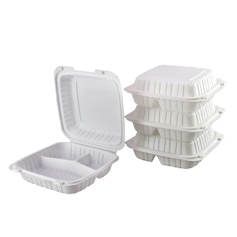 To go food container for restaurant hinged lid lunch box mineral filled pp with 3 compartments microwave food packaging