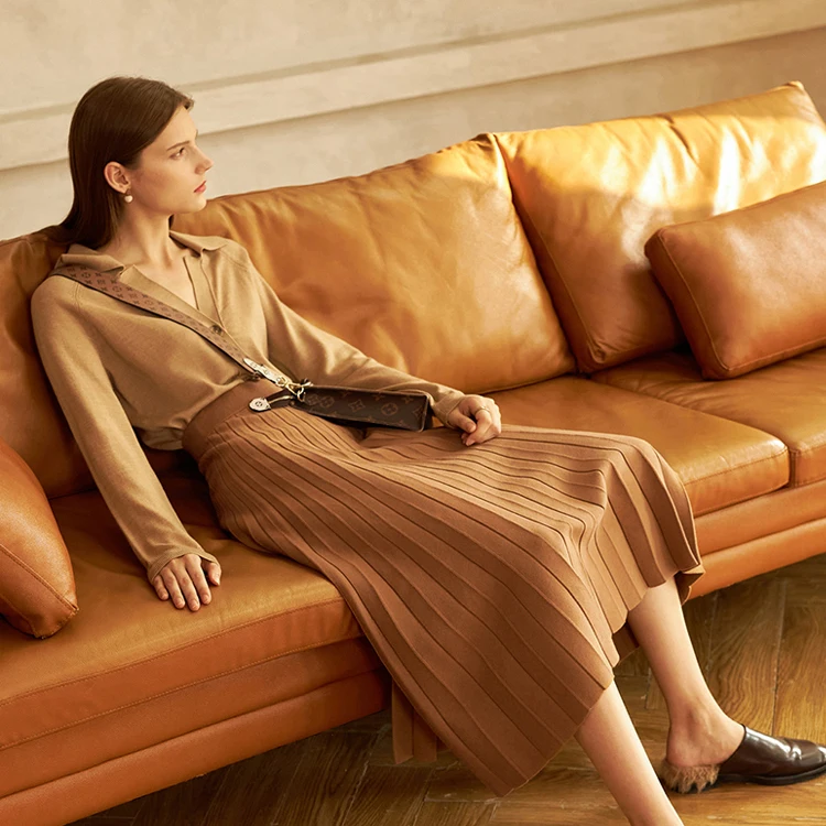 Knitwear manufacturers custom autumn high waist pleated solid color fashion women knit long skirt