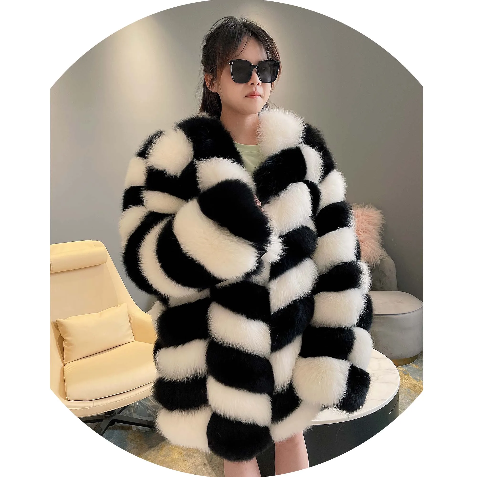 Luxury Chessboard Pattern Black White Mix Custom Size Fur Jacket Winter Arctic Fox Fur Coat