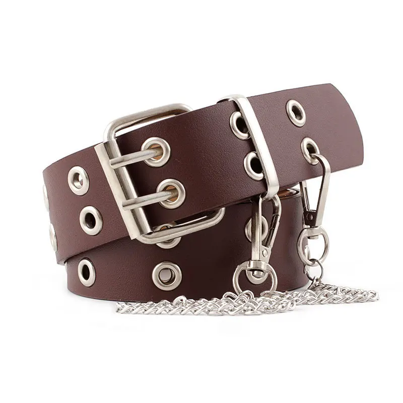 Double Pin Belt Buckle Women Designer Leather Belt With Chain PU Grommet Waist For Punk