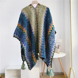 2022 Newest Winter Ethnic Wind Scarf High Quality Wool Cashmere Poncho Shawls Knitted Cover-up With Tassels Thick Cape Blanket