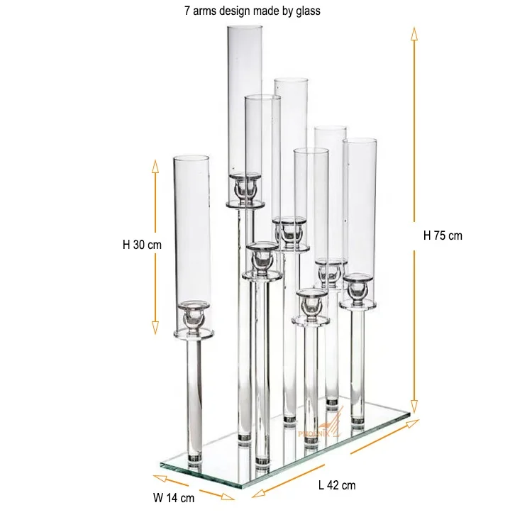 Wholesale rectangle shape 7 arms crystal pillar candle holder glass tube candelabra centerpiece wedding party decor