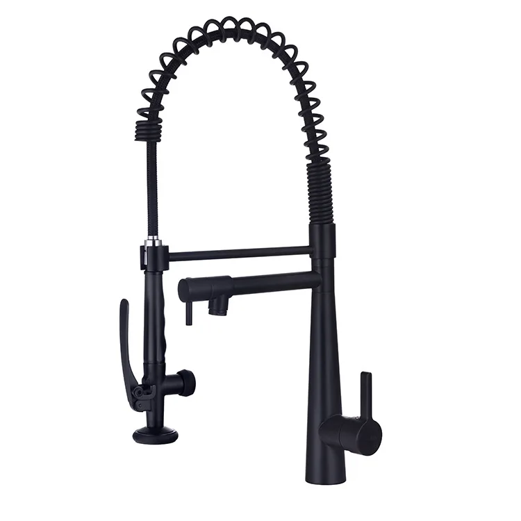 Kitchen Faucets Commercial Solid Brass Single Handle Single Lever Pull Down Sprayer Spring Kitchen Sink Faucet, Matte Black