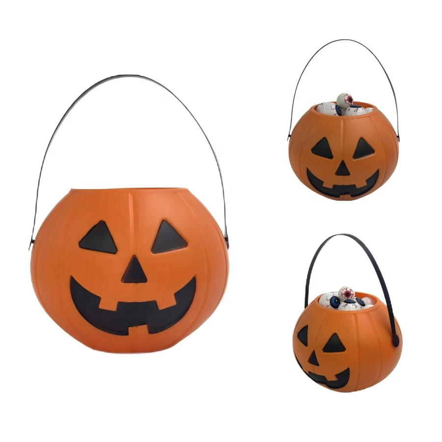 Hot-selling Orange Novelty Pumpkin Pail Smiley Face Plastic  Pail Candy Buckets with Handle for Halloween Party Decorations