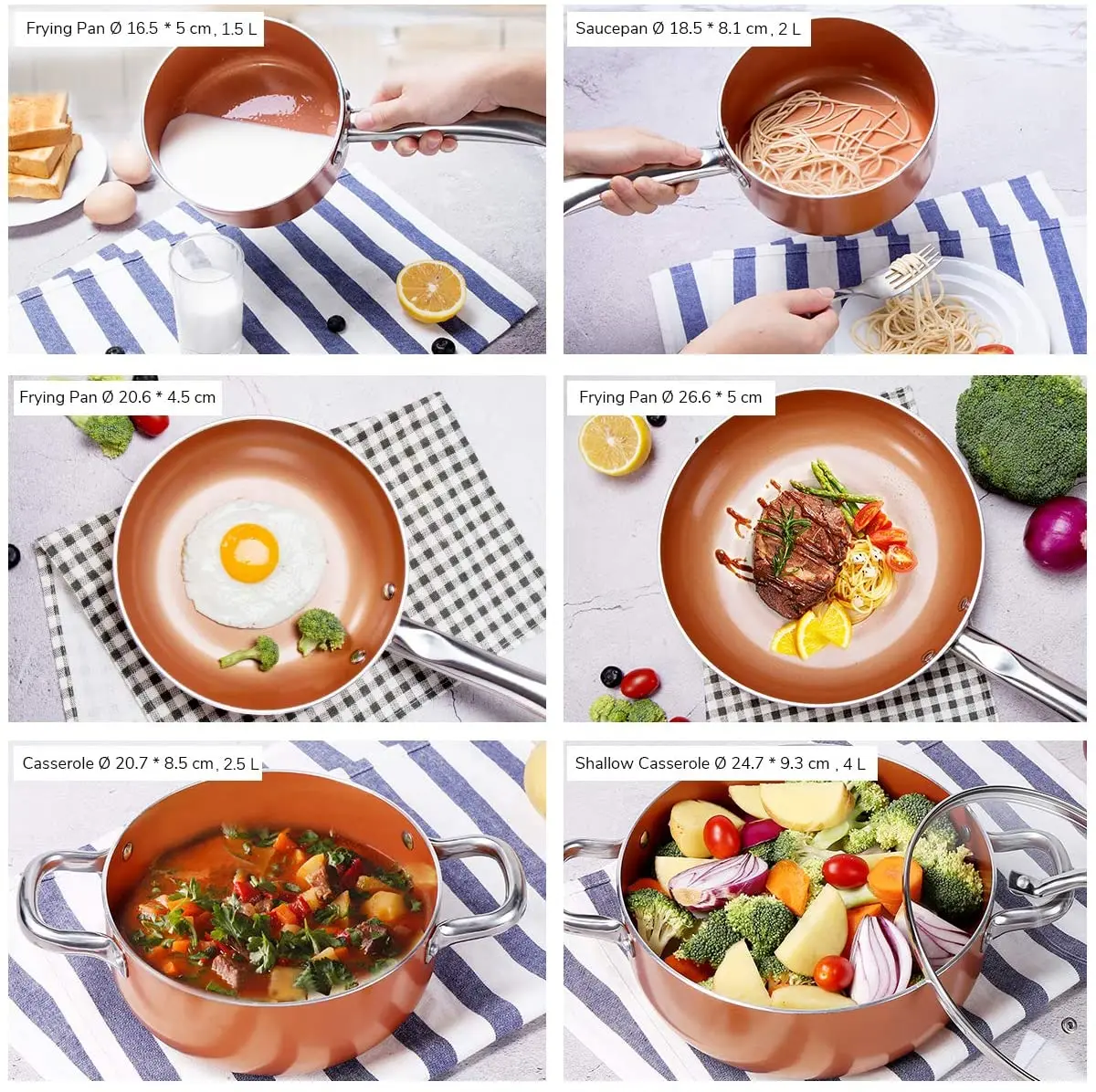 10pcs Non Stick Ceramic Coating Saucepan Wok Induction Copper Pots and Pans