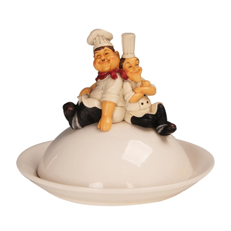 
Resin polyresin chefs sitting on porcelain butter dish tableware dinnerware home decoration figurine gift 