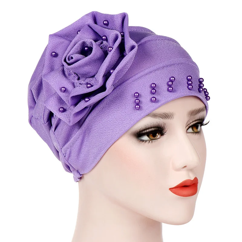 Fashion muslim headwear hair accessories pearls beaded flower turban women hijab cap