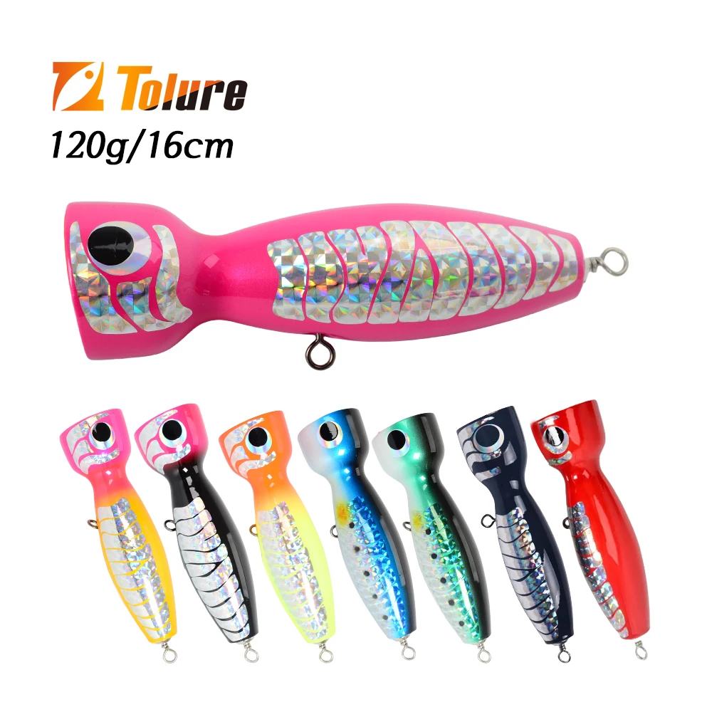 Hot Sales OEM  120g Wooden Popper Lure Handmade Large Trolling Lure Fishing Baits Wood Lure