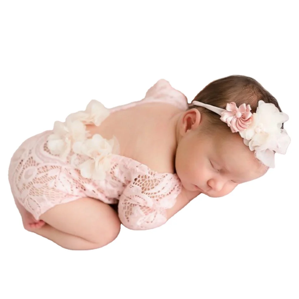 Boutique baby lace Photography suit sweet half sleeve flower romper+Hair accessories 2 packs for newborn