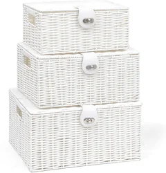 Woven Storage Basket Box Wicker Hamper Stackable Bin with Lid & Lock Built-in Carry Handles