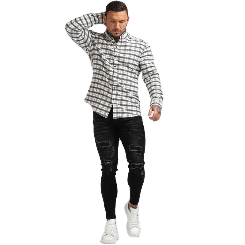 Gingtto Custom Logo Mens Shirts Stretch Fashion Casual Shirts Autumn Slim Fit Checked Shirts For Men