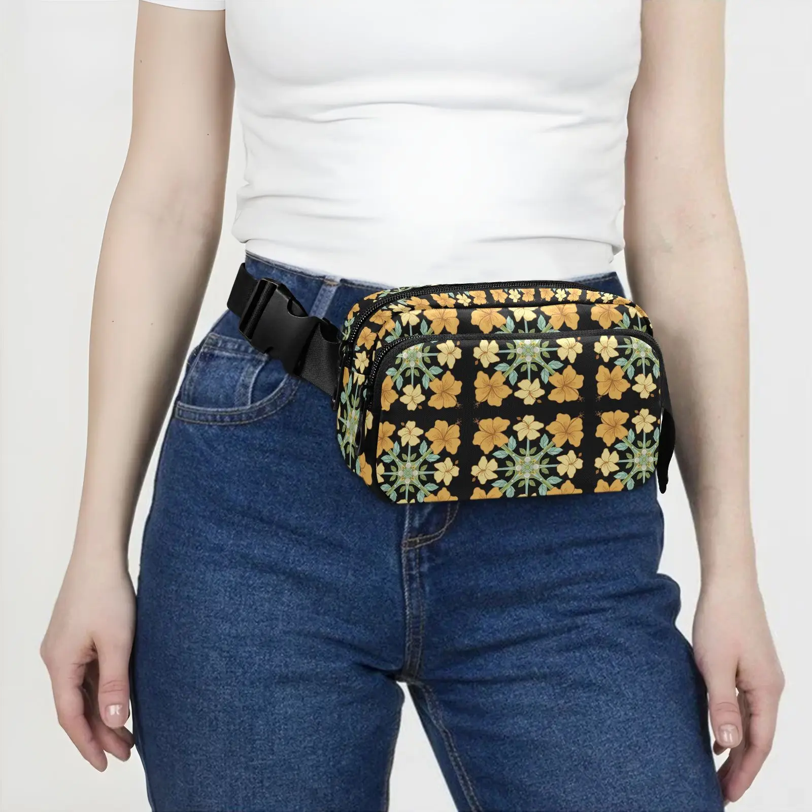 Hawaiian Yellow Hibiscus Quilt Sports Running Sling Crossbody Nylon Fanny Packs Custom Women Waist Bag