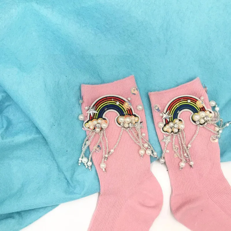 Handmade Sequins Socks Pearl Socks Young Girl Pink Party Socks