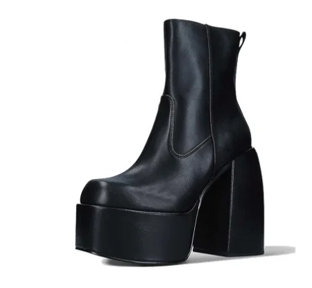 punk style autumn winter boots elastic microfiber shoes woman ankle boots high heels black thick platform long knee high boots