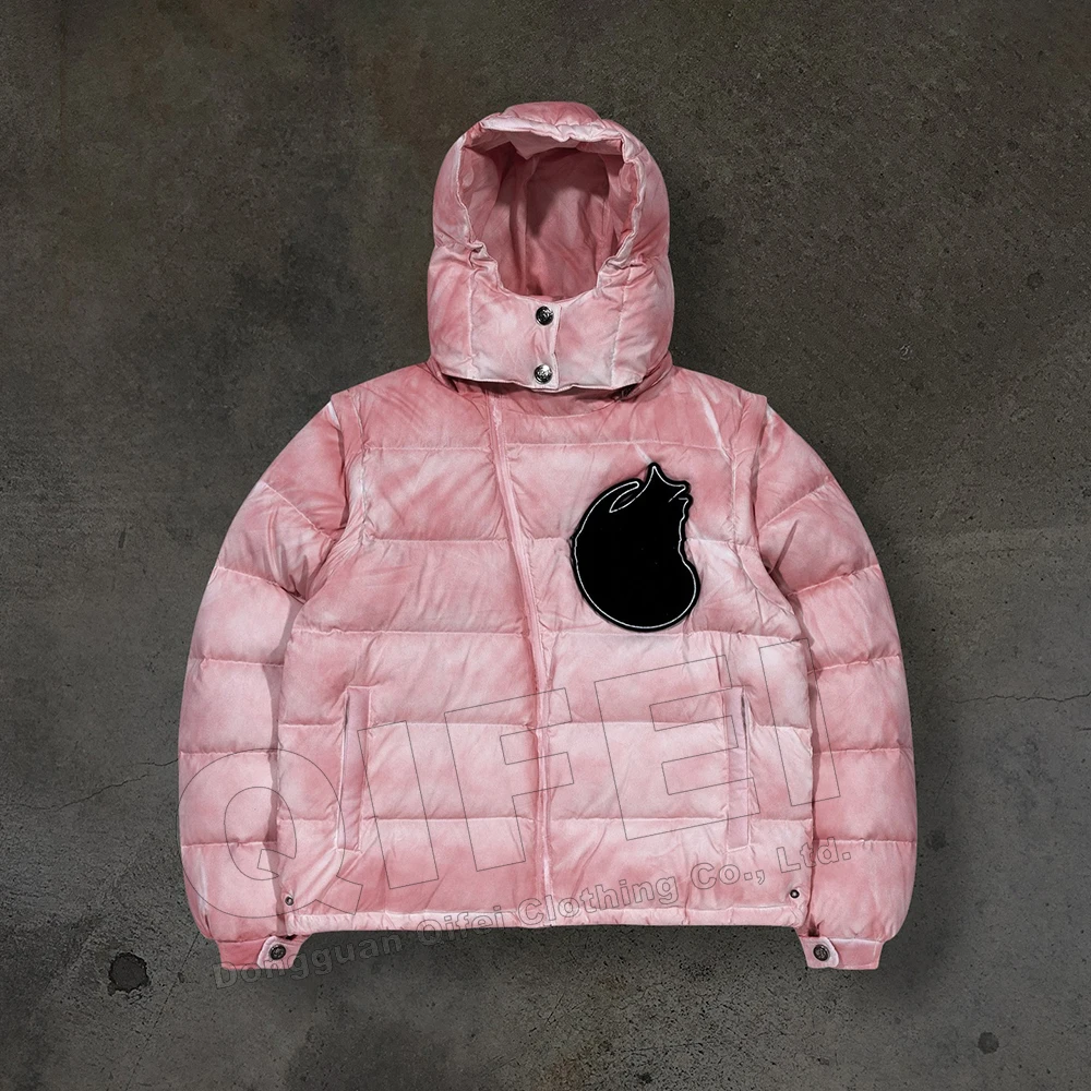 Custom manufacturer bubble bomber zipper coats cropped chenille embroidery winter down puffer jacket with removable hood