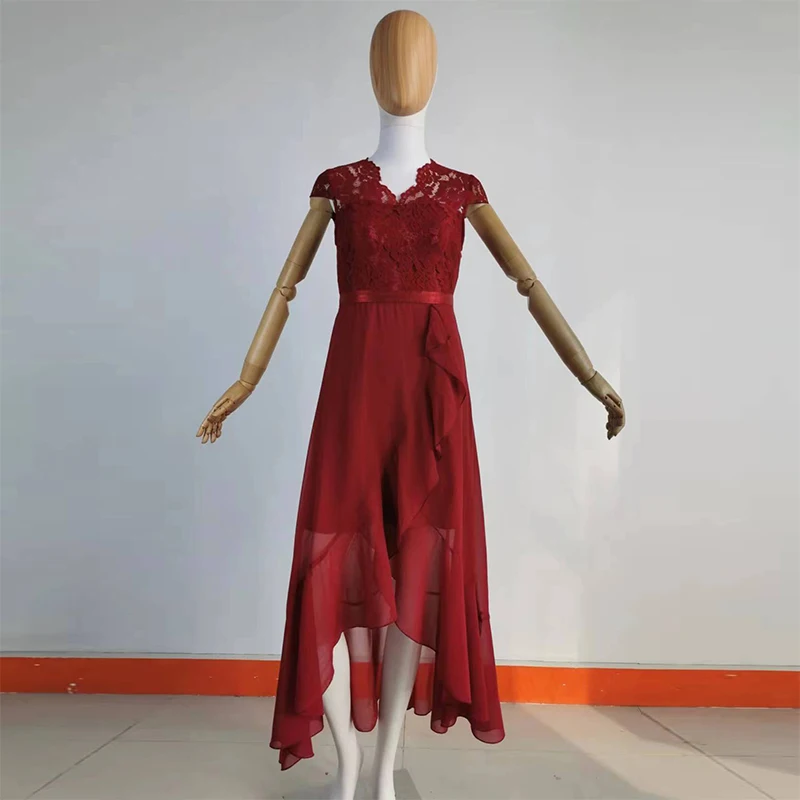 Factory Direct Sales Fashion Party Dress V-Neck Solid Color Short Sleeve Lace Mesh Long Dress