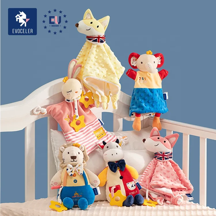 
EVOCELER Bite No Fluff Comforter Blankets Toys Cute Animal Toys With Teether Newborn Baby Teether Short Plush Toys 