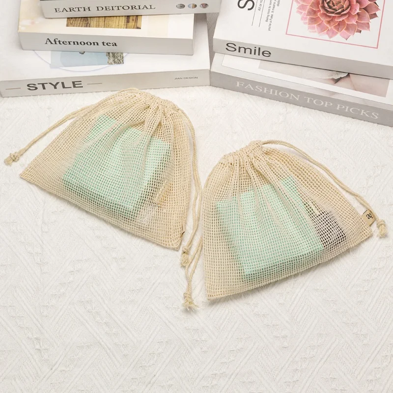 Eco-Friendly 100% Cotton Mesh Fabric For Fruits Packaging Pouch Drawstring For Loose Powder Storage Pouch For Facial Cleanser
