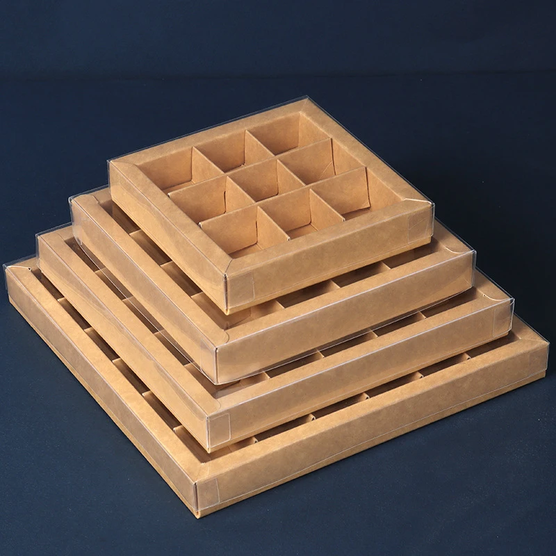 Custom Print Kraft Paper Square Chocolate Box With Transparent Lid And Compartment