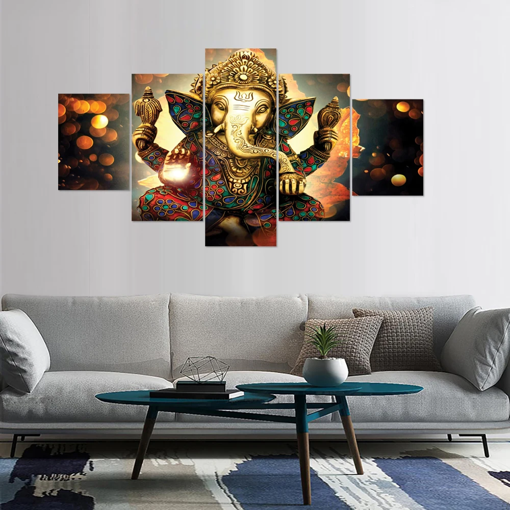 Custom Stretched Canvas Art Prints India God Nose Elephant Artwork 5 Panels India Wall Art Picture Oil Painting Buddha Painting