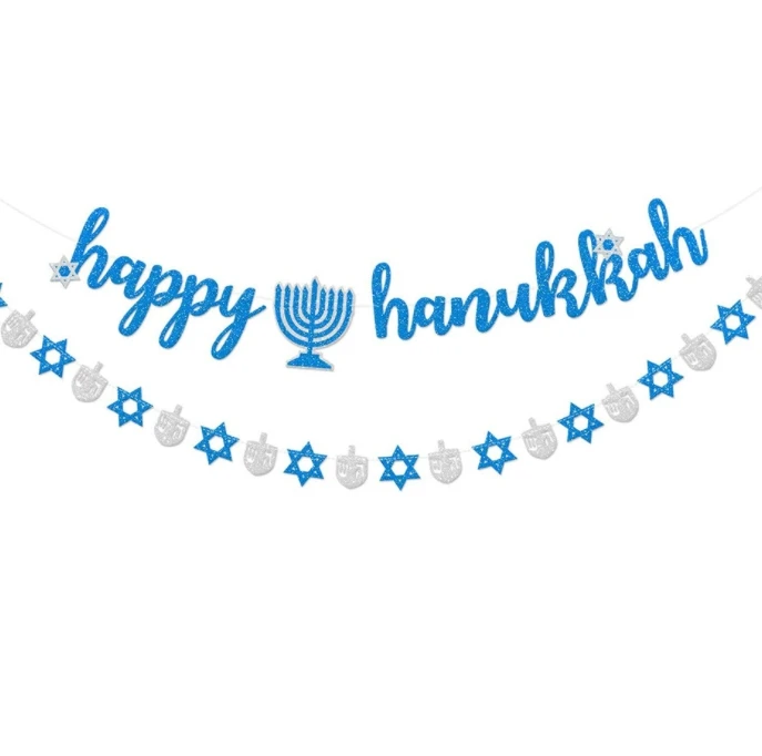 Custom Happy Hanukkah Candlestick Hexagonal star Paper/Felt Banners and flags garland for Jewish New Year Festival Party Decor