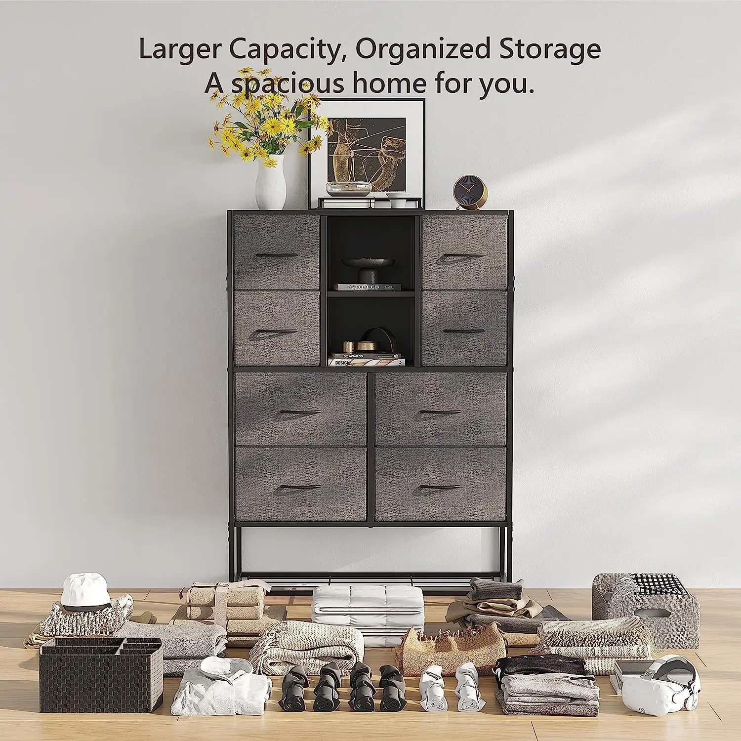 Black Fabric Eight Drawer Storage Large Capacity Cabinet Living Room Bedroom Storage Shelf With Two Dividers In The Middle