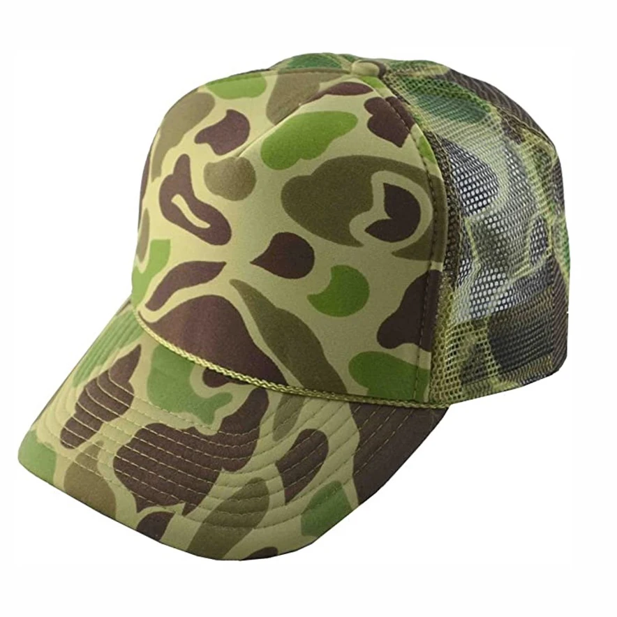 5 panel Custom 112 hats sublimation printing gym polyester camouflage mesh cap hunting snapback camo foam trucker hat  with rope