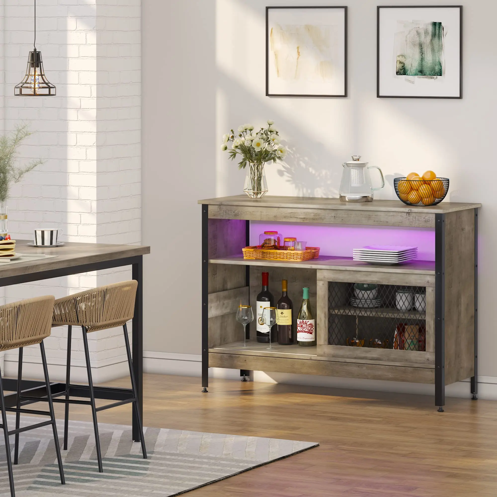 Farmhouse Buffet Cabinet Coffee bar with LED Decor Coffee Bar Table with Adjustable Shelves Storage Cabinet