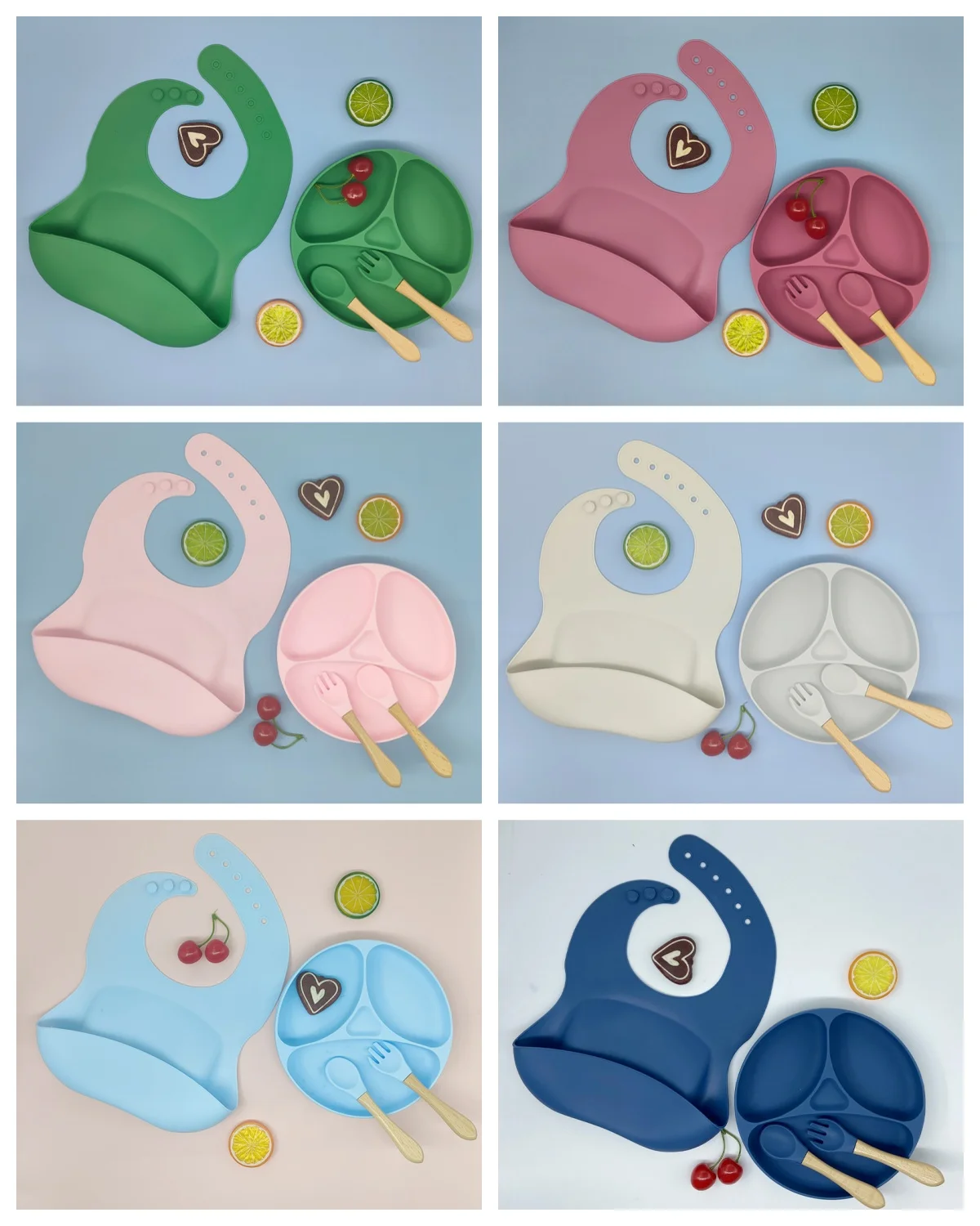 The hot-selling baby independent meal necessary plate bib spork spoon set baby food grade silica gel feeding tableware set