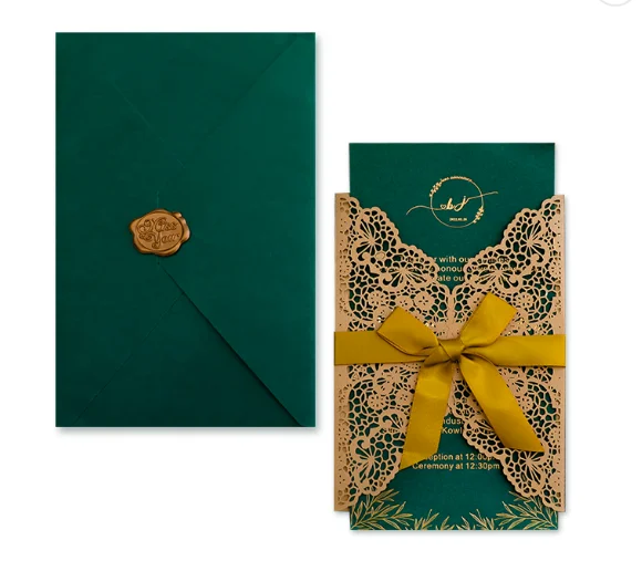 Luxury  Laser Cut Trifold Green Special Paper Business Party Birthday Wedding RSVP Invitation Card with Envelope and Bowknot