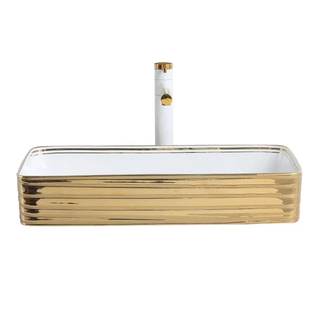 Emboss White Gold Basin Table Top Wash Basin Sink Bathroom Vessel Sink Gold Rim Lavabo Modernos Dorado