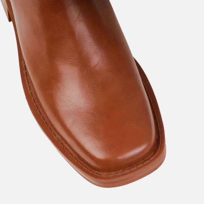 over the knee thigh high long biker boot in brown faux leather and lycra for women and laddies